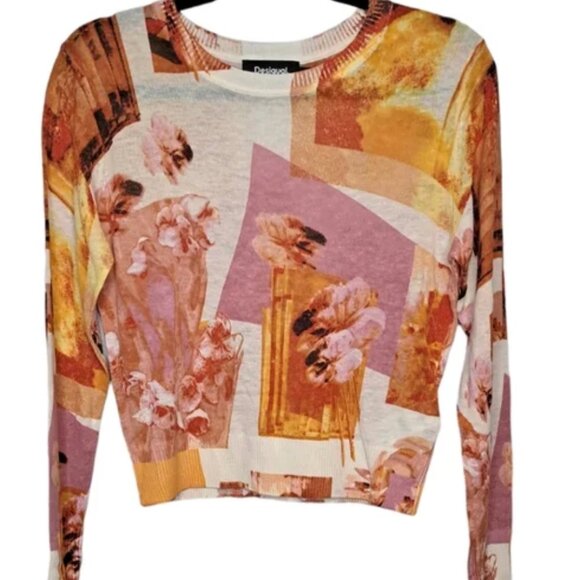 DESIGUAL Long-Sleeve Pullover•Fine Gauge Knit•Linen Blend•Floral Collage•Medium• - Picture 5 of 8